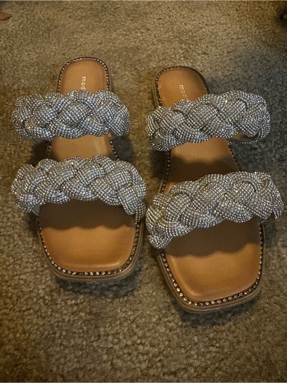 Beaded Braided Slide Sandals in Silver